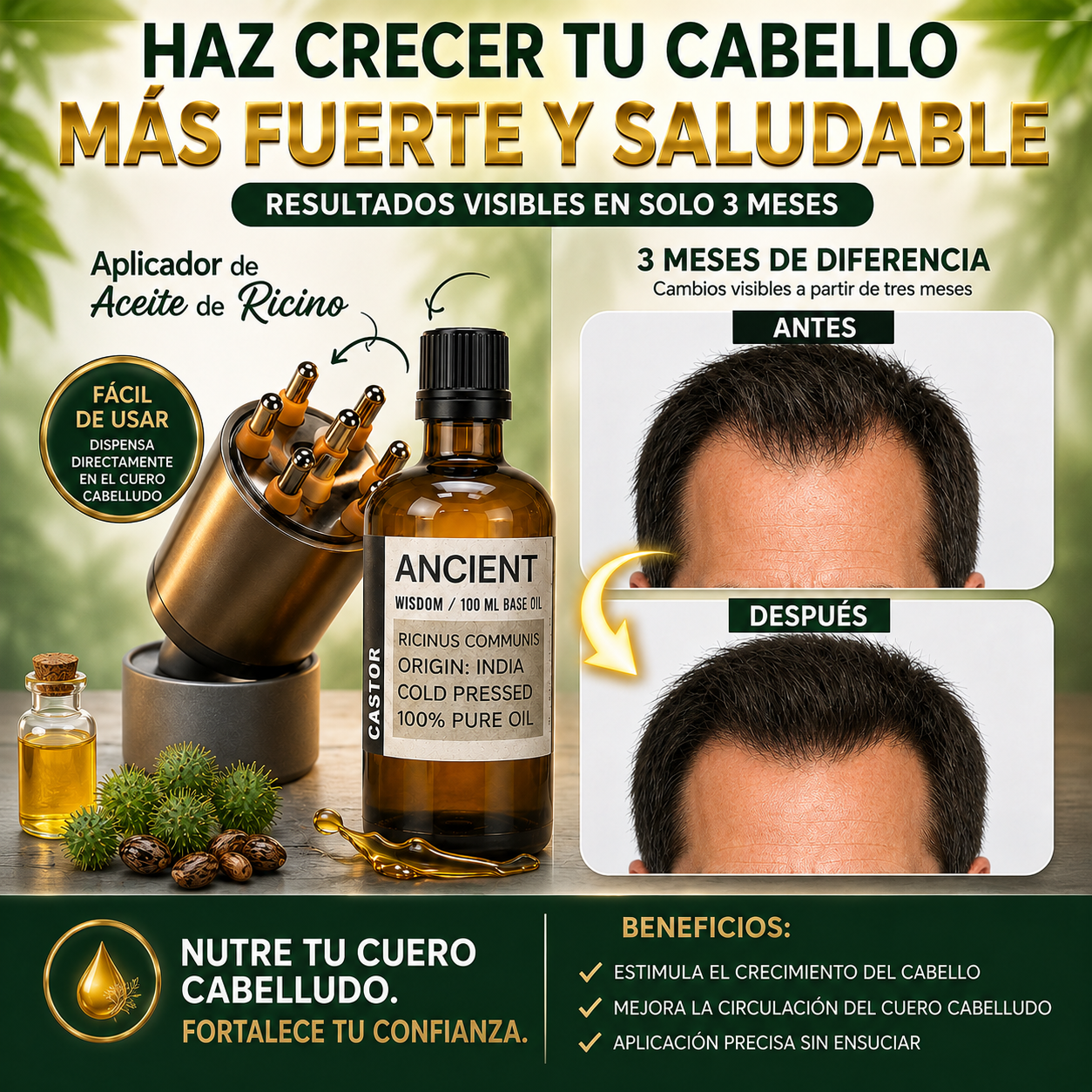 ✨ El dúo imprescindible para el cuidado de tu cabello. Tú Kit Completo de Aceite de Ricino y Aplicador Masajeador